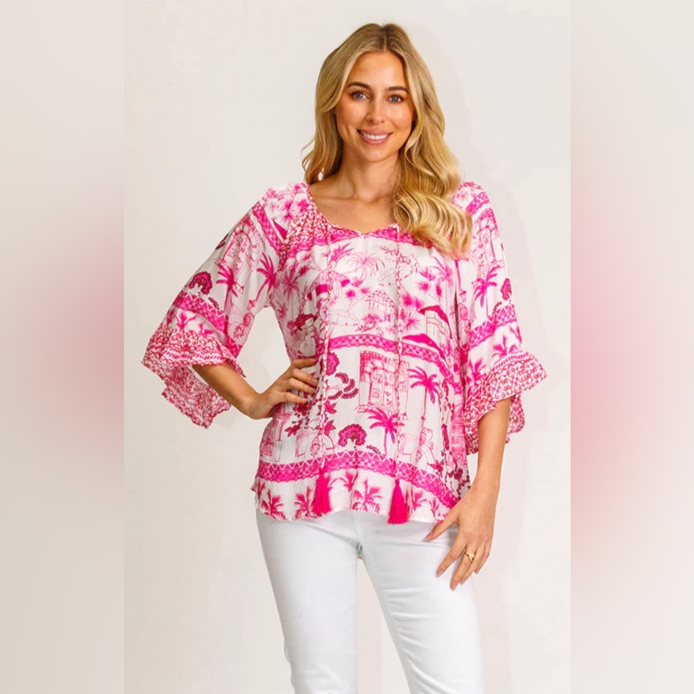 Lulalife‎ Moffat Melon Bell Sleeve Relaxed Pink Tropical Blouse Size Medium